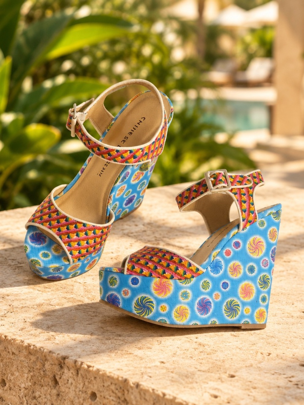 Chinese Laundry Jollypop Multi-Color Print Wedge Sandals - Size 7.5
